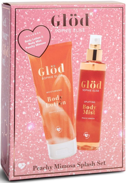 Pink boxed set with peachy pink products including a body lotion and a body mist, both with peachy mimosa scent.