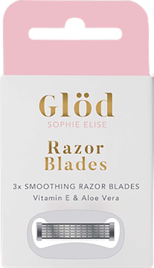 Packaging for Glöd razor blades with vitamin E and aloe vera, contains 3 blades for smoothing.