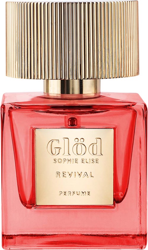 En rosa parfymeflaske med gullmerke og gullribbet hette, merket "Glöd" av Sophie Elise, Revival.
