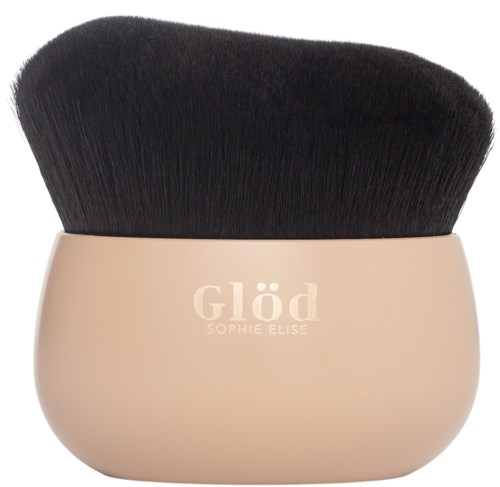 A makeup brush with a beige handle and black bristles, labeled "Glöd" and "Sophie Elise."