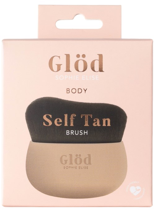 The package shows a self-tan brush inside a pink box, with the brand name Glöd by Sophie Elise.
