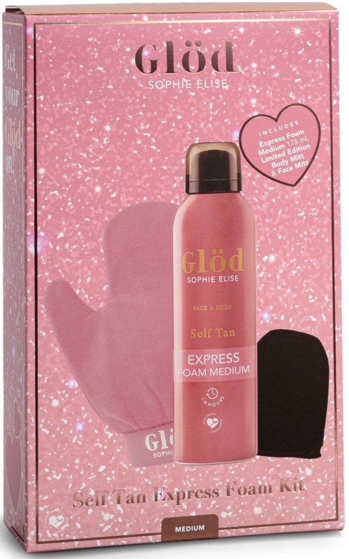 Pink selvbruningsskumsett med flaske, svart svamp og glitterpakke.