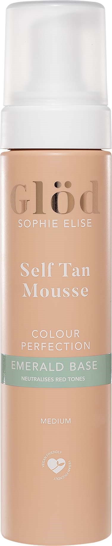 A bottle of self-tan mousse with a white cap, labeled 'Glöd,' featuring a peach-colored body and green band.