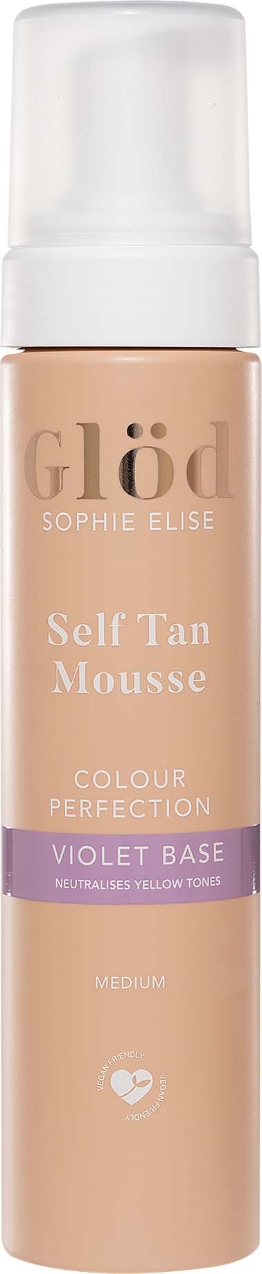 A bottle of self-tan mousse with a white cap, beige body, and purple label for violet base and medium tone.
