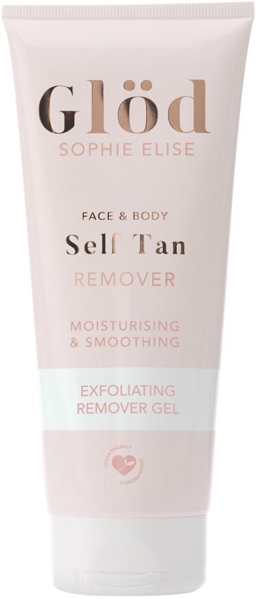 Valkoinen puteli nimeltä Glöd Self Tan Remover kasvoille ja keholle, kosteuttava ja kuoriva.