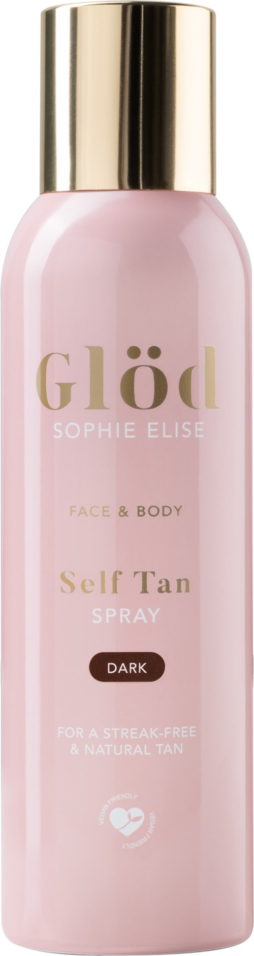 En rosa sprayflaske med gullhette merket 'Glöd Sophie Elise Self Tan Spray Dark' for ansiktet og kroppen.