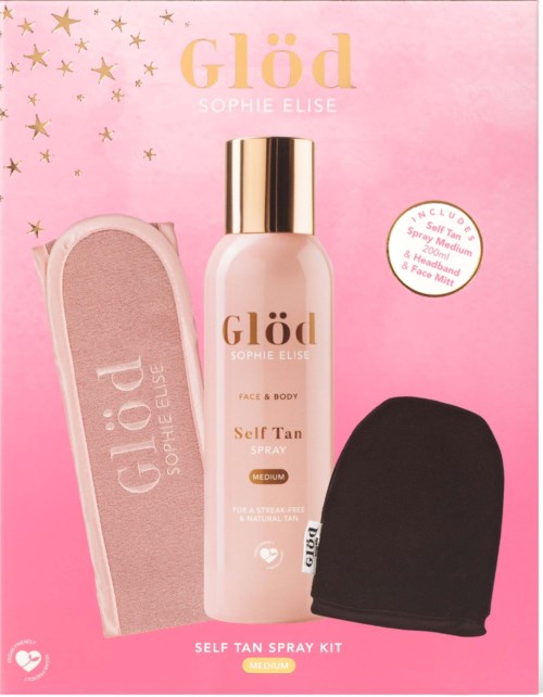 Self-tan spray bottle with a pink sponge and a black cap on a pink background with stars.