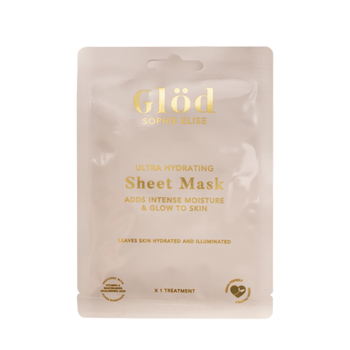 Een witte zak met 'Glød Sophie Elise' dat een hydraterende sheet mask promoot die de huid voedt en verheldert.