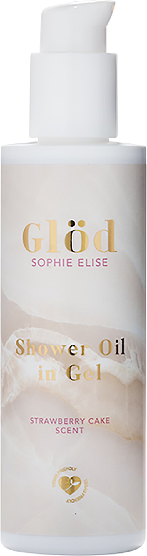Eine weiße Flasche mit Pumpaufsatz, gekennzeichnet "Glöd" und "Sophie Elise," enthält strawberry cake Duft Duschöl in Gel-Form.