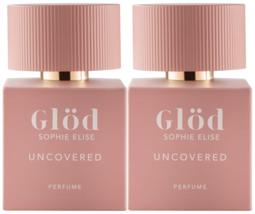 To rosa parfymeflasker med gullkork og matchende etiketter, merket "Glöd Sophie Elise Uncovered Perfume."