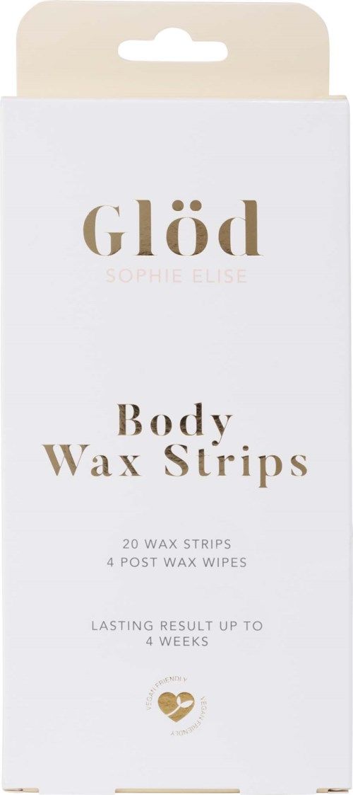 Een wit doosje met 'Glöd Body Wax Strips' bevat 20 waxstrips en 4 post-wax wipes voor langdurige resultaten.