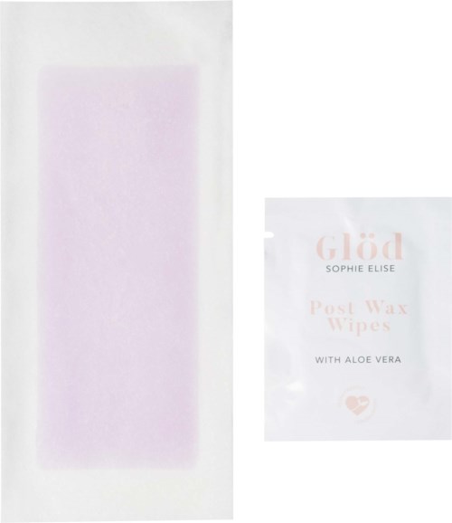 Een pakket Glöd post-wax doeken met aloë vera en een groot lege roze ruimte op een witte achtergrond.
