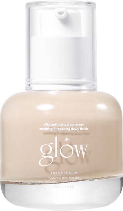 Mała butelka z beżowym kremem do skóry z pompką, oznaczona 'glow' do łagodzenia i naprawy skóry.