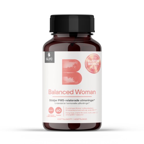 A supplement bottle labeled Balanced Woman with a black cap and a mostly white label. It supports hormonal health.