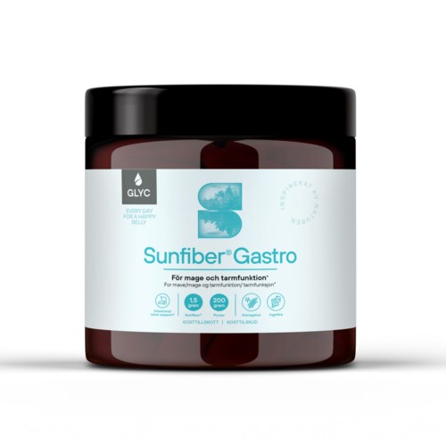 A jar of Sunfiber Gastro supplement with a white and blue label, black lid, and information about digestion support.