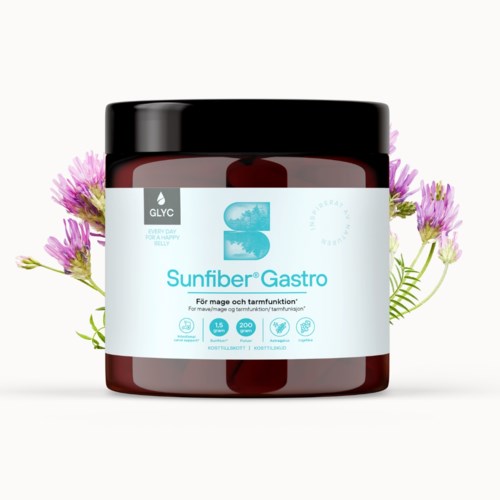 A jar labeled Sunfiber Gastro with purple flowers behind it and a white background.
