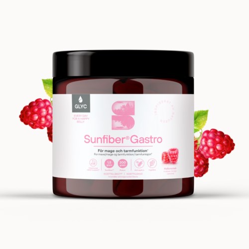 Ett glas märkt Sunfiber Gastro med hallon på sidorna, används för matsmältning och hälsa.