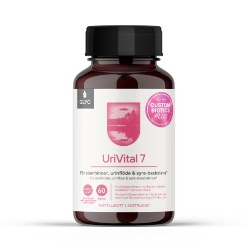 En mörk flaska med vit och rosa etikett, innehållande kosttillskott kallat UriVital 7.