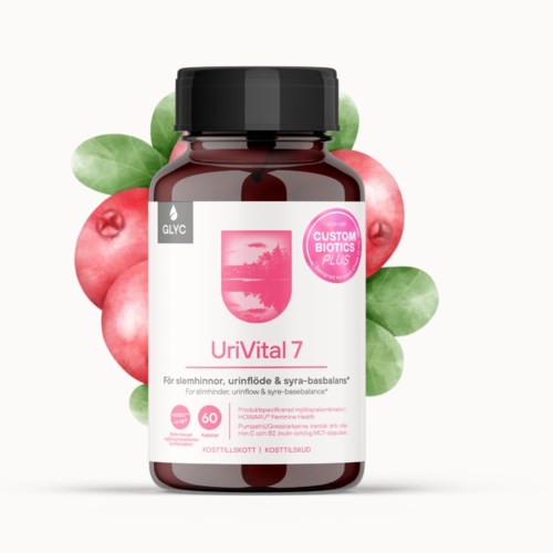 En kosttillskottsflaska märkt UriVital 7 med bär och gröna blad i bakgrunden.