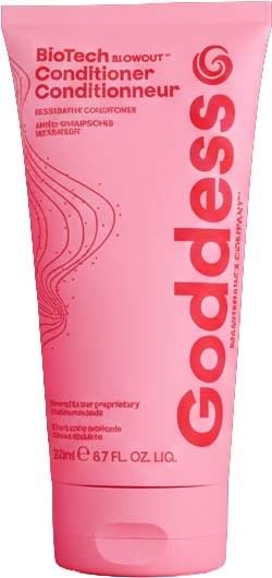 Roze tube van Goddesse BioTech Conditioner met roze en rode tekst en spiraalontwerp.