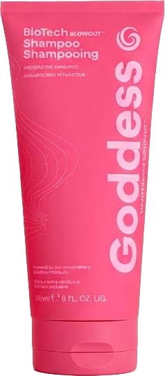Roze shampoetube met label Goddess, BioTech en hoofdhuidverzorging. 8 fluid ounces. Simpel ontwerp.