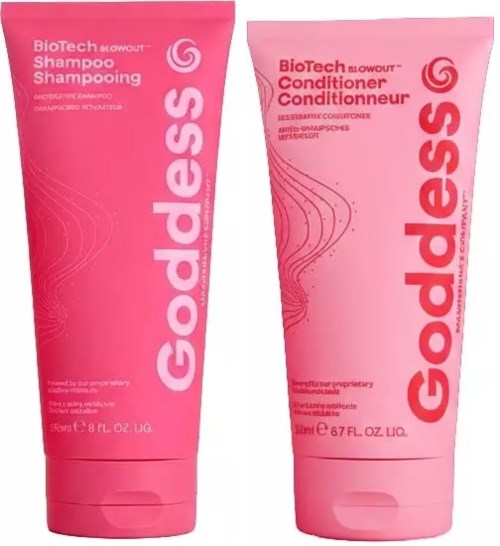 Roze flessen met shampoo en conditioner, met de tekst 'Godless,' met rood lettertype en spiraal symbolen.