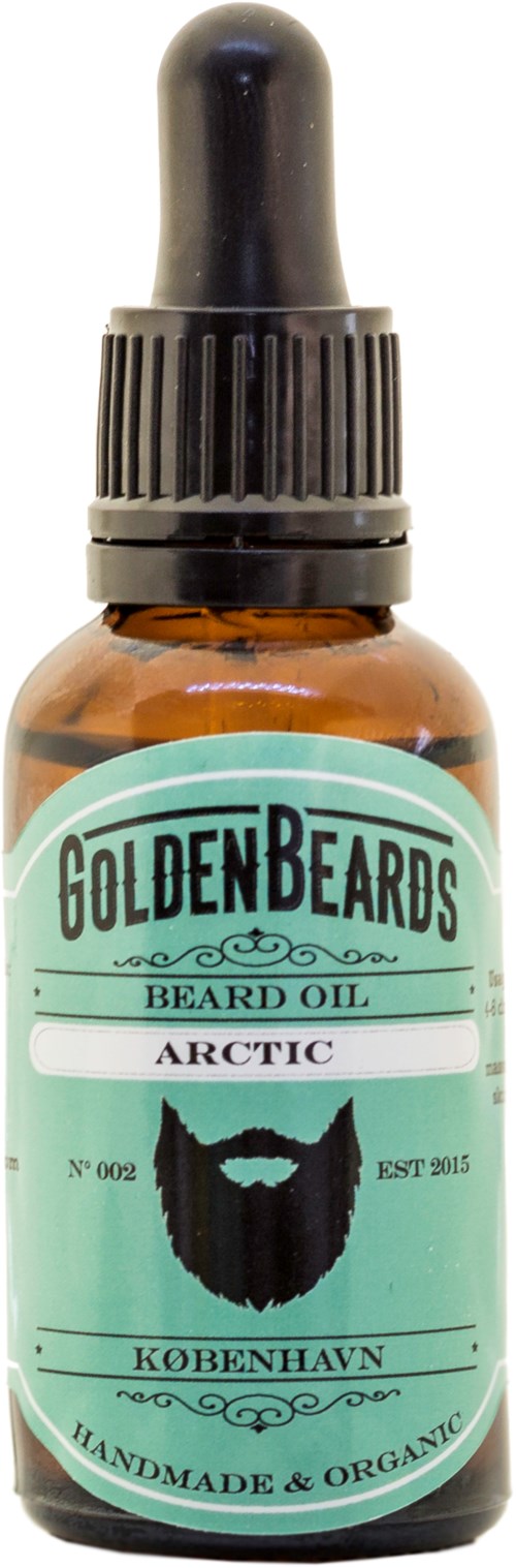 Small amber bottle with a dropper cap, labeled Golden Beards beard oil, Arctic scent, handmade, organic.
