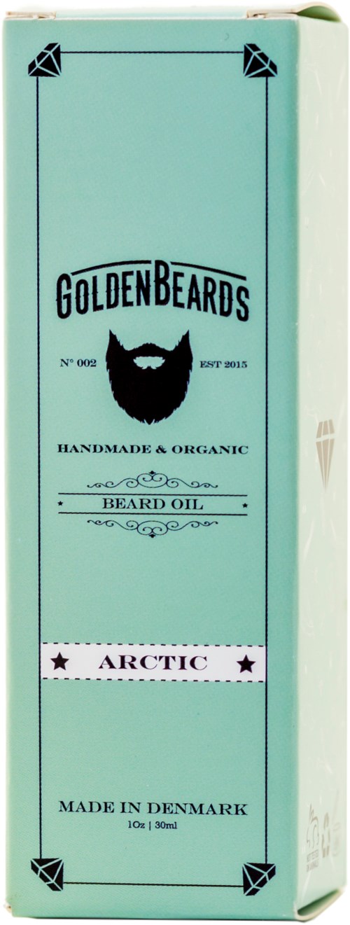 Light blue box with black logo of a beard, contains handmade organic beard oil, Arctic scent, from Denmark.