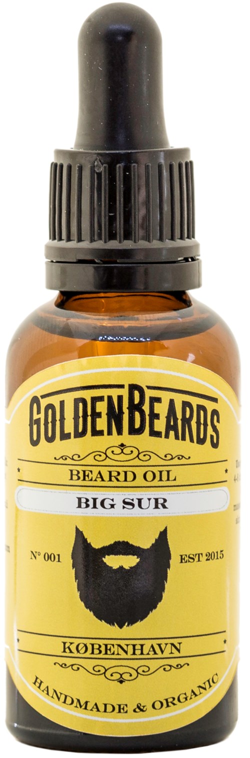 A small bottle of beard oil with a dropper, labeled GoldenBeards Big Sur, handmade organic, from Copenhagen.