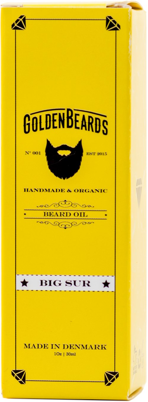 A yellow box features 'Golden Beards' logo with a beard and mustache, labeled 'Handmade & Organic Heared Oil,' with 'Big Sur' and 'Made in Denmark' text.