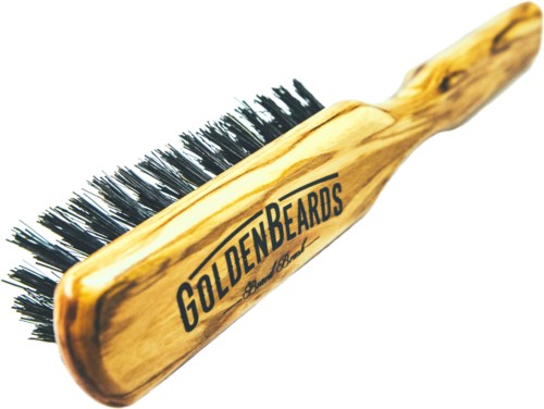 A wooden brush with black bristles and the text "GOLDEN BEARDS" printed on it.