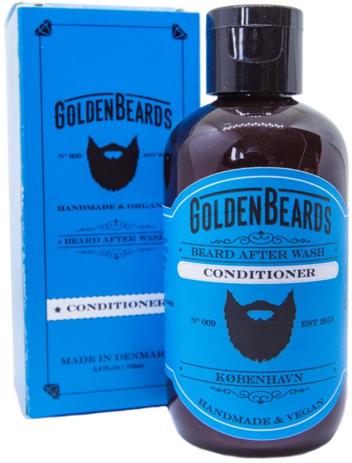 A blue box and bottle of Golden Beards beard conditioner, with a black beard logo and text.