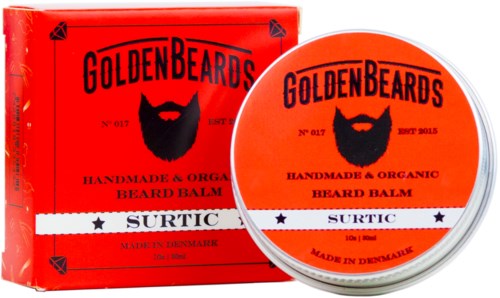 A red box and round container of beard balm with black and white text, and a black beard logo.