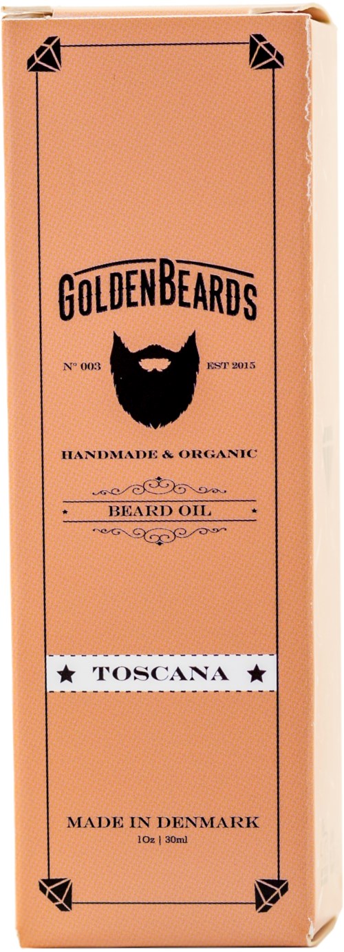 A peach-colored box with black text and a bearded man logo, indicating beard oil from Denmark, made in Tuscany.