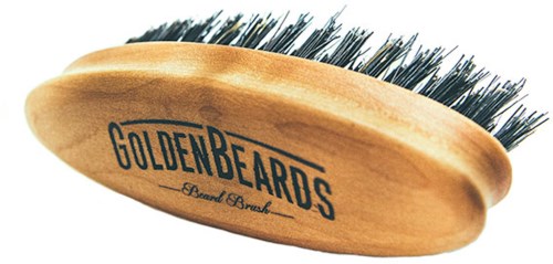 Wooden beard brush with black bristles and 'GOLDENBEARDS' logo on it.