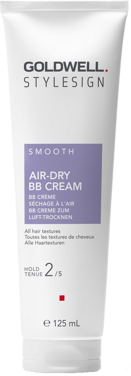 A white tube of Goldwell StyleSign Smooth Air-Dry BB Cream for hair, 125 mL, designed for all hair textures.