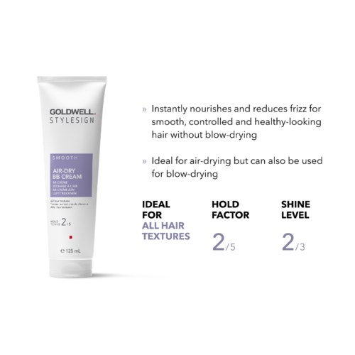 A tube of Goldwell StyleSign Smooth Air-Dry BB Cream for hair, promoting smoothness and shine, suitable for all hair types.