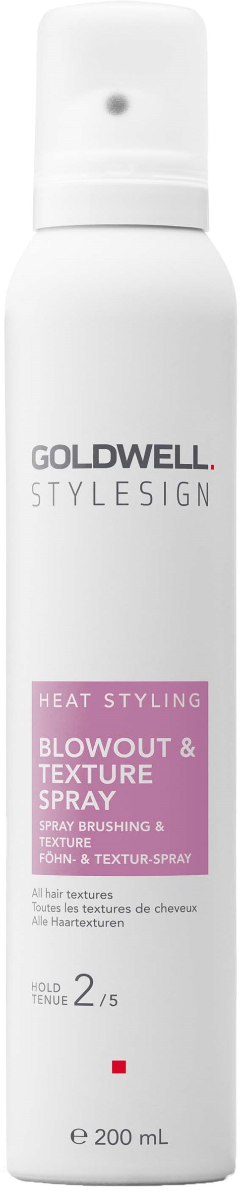 Eine weiße Sprühdose mit rosa Etikett für Hitze-Styling, Blowout und Texturspray von Goldwell, 200 ml.