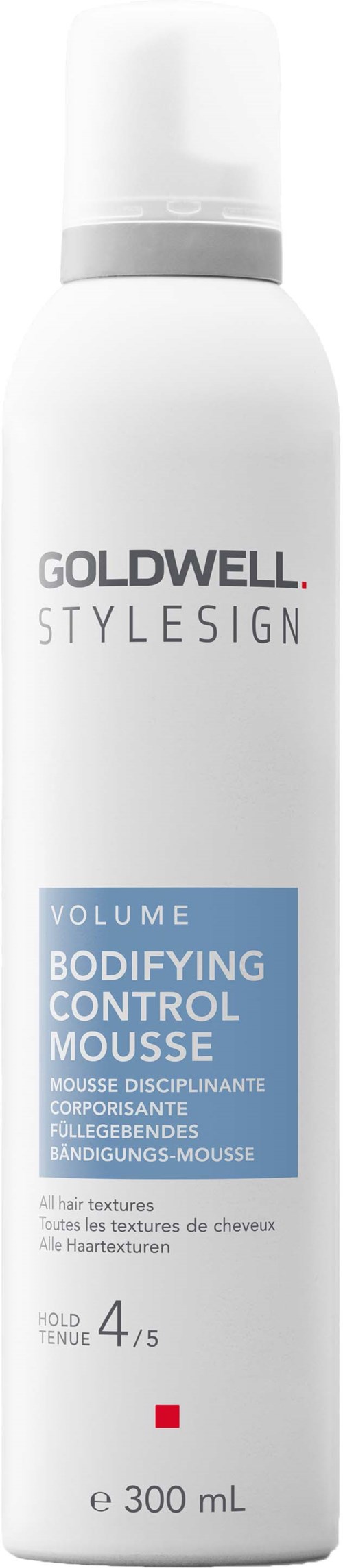 A white bottle of hair mousse with black and red branding, labeled "Volume Bodifying Control Mousse," contains 300 ml.