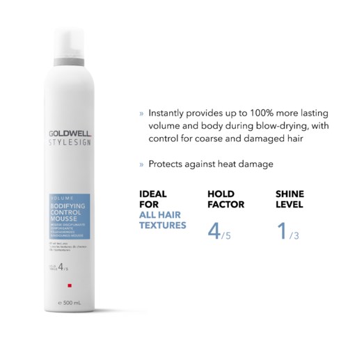 A white bottle labeled Goldwell StyleSign with blue and black text, describing hair control features and benefits.