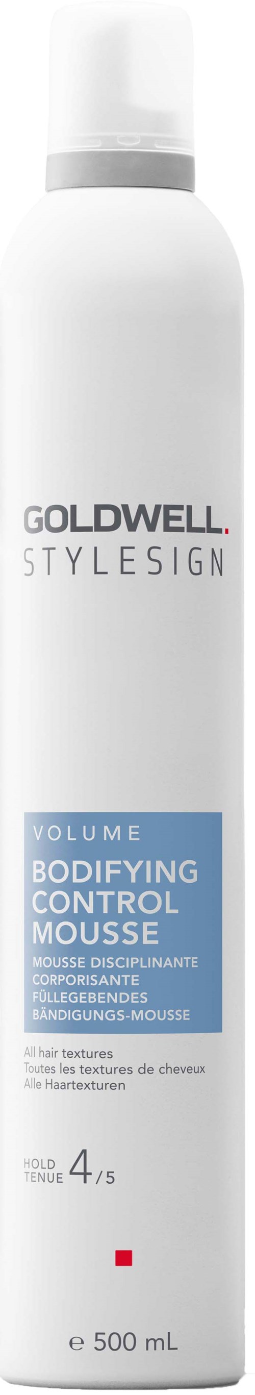 A tall white can of Goldwell styling product with blue label, for controlling and volumizing hair. 500 mL.