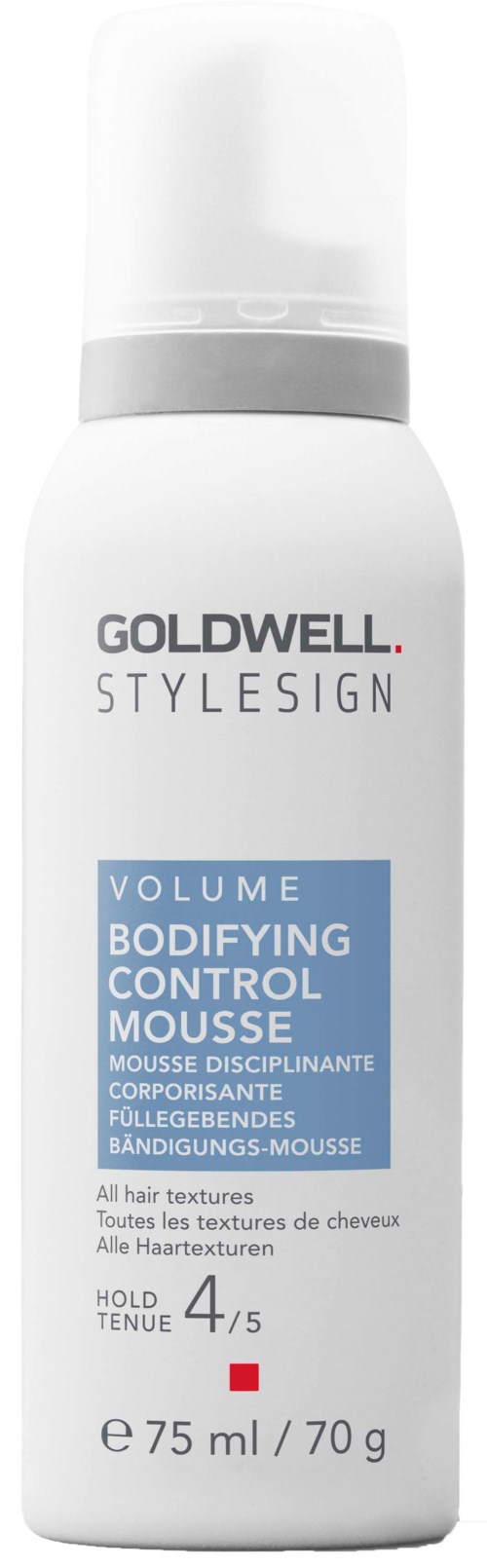 A white bottle of Goldwell Stylesign volume bodifying control mousse, holding 75 ml, with blue and red text and logo.