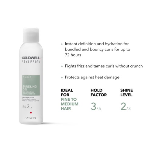 Haar-Gel-Flasche für lockiges Haar mit Vorteilen für Hydratation, Frizz-Bekämpfung und Hitzeschutz, bewertet für mittleres Haar.