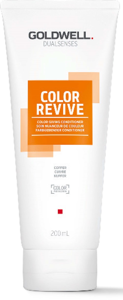 A white tube of Goldwell Color Revive conditioner with orange and beige labels, 200 ml size.