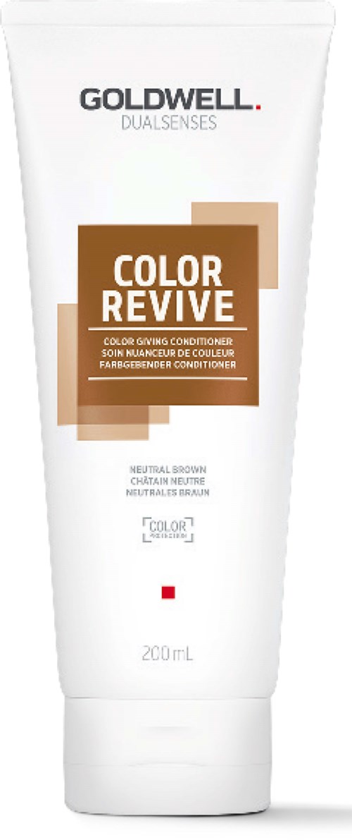 En vit tub med Goldwell Dualsenses Color Revive hårbalsam med bruna och beige design-element.