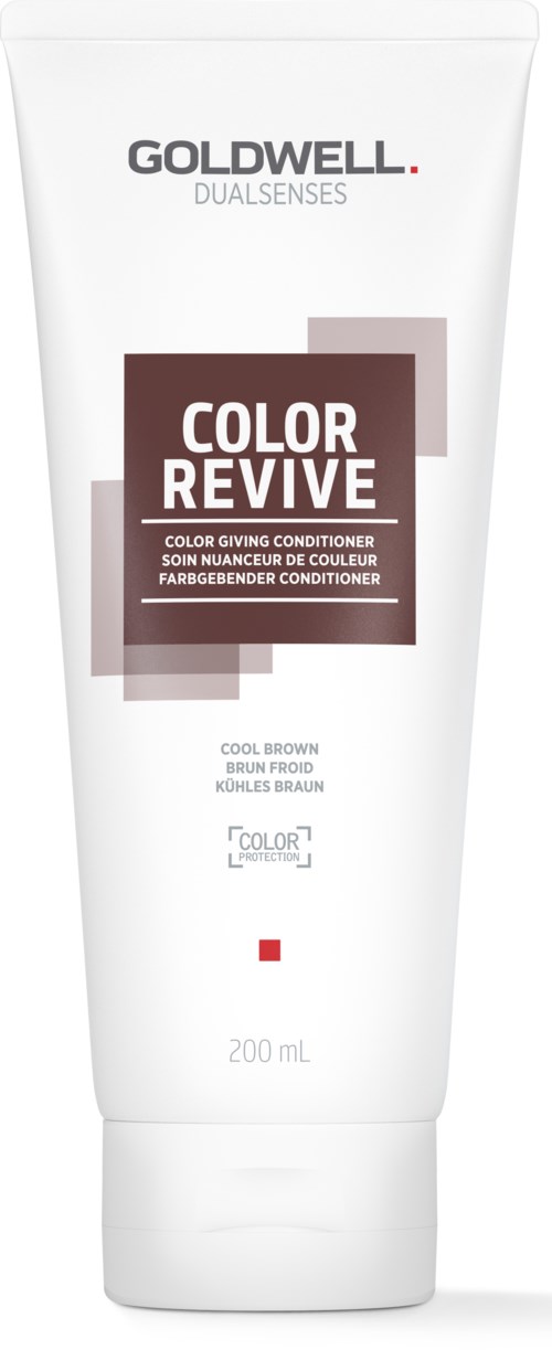 En vit tub med Goldwell Dualsenses hårbalsam med bruna och röda element, märkt 'Color Revive Cool Brown'.