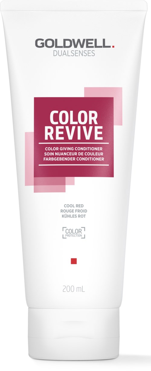 Eine weiße Flasche mit pinkem und rotem Etikett für Goldwell Dualsenses Color Revive Conditioner, 200 mL.