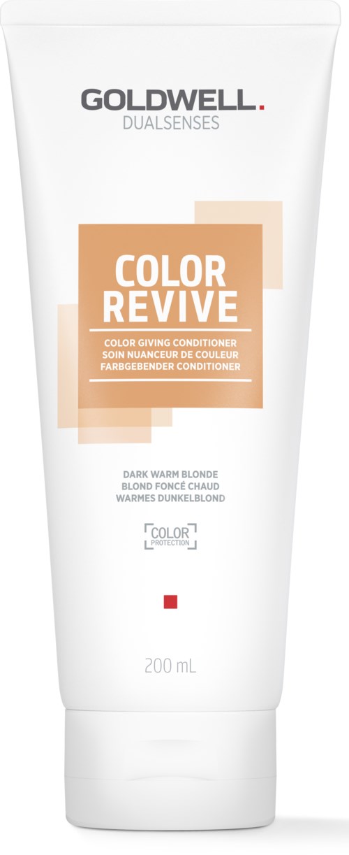 En vit hårbalsamtub med guld-, beige- och vita etiketter för Goldwell Color Revive. Innehåller 200 mL.