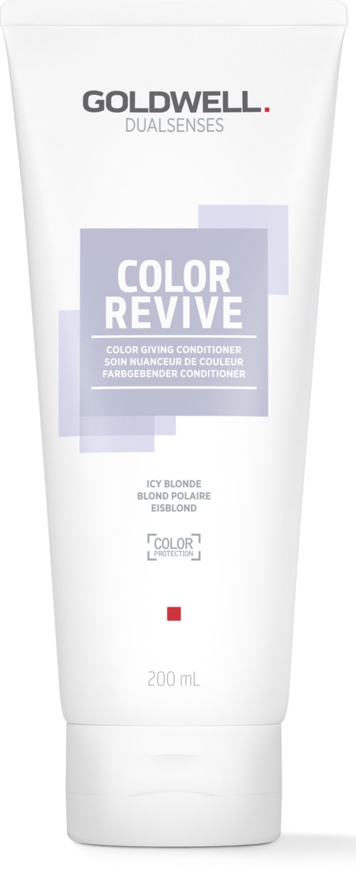 En vit tub märkt Goldwell Dualsenses Color Revive Icy Blonde balsam för färgförnyelse. 200 mL.