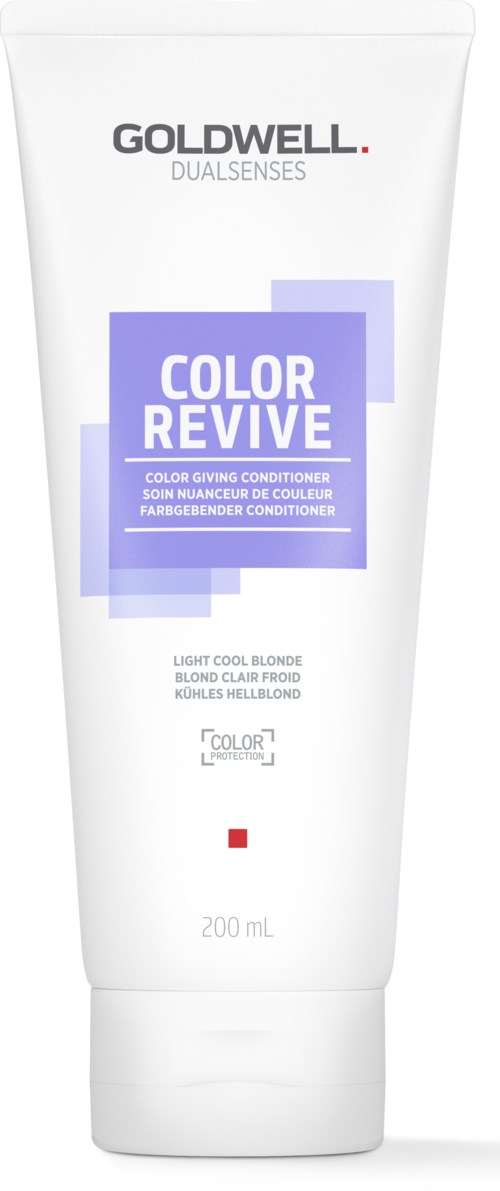 Eine weiße Tube Goldwell Dualsenses Color Revive Conditioner, 200 ml, für blondes Haar, mit lila und roten Designelementen.